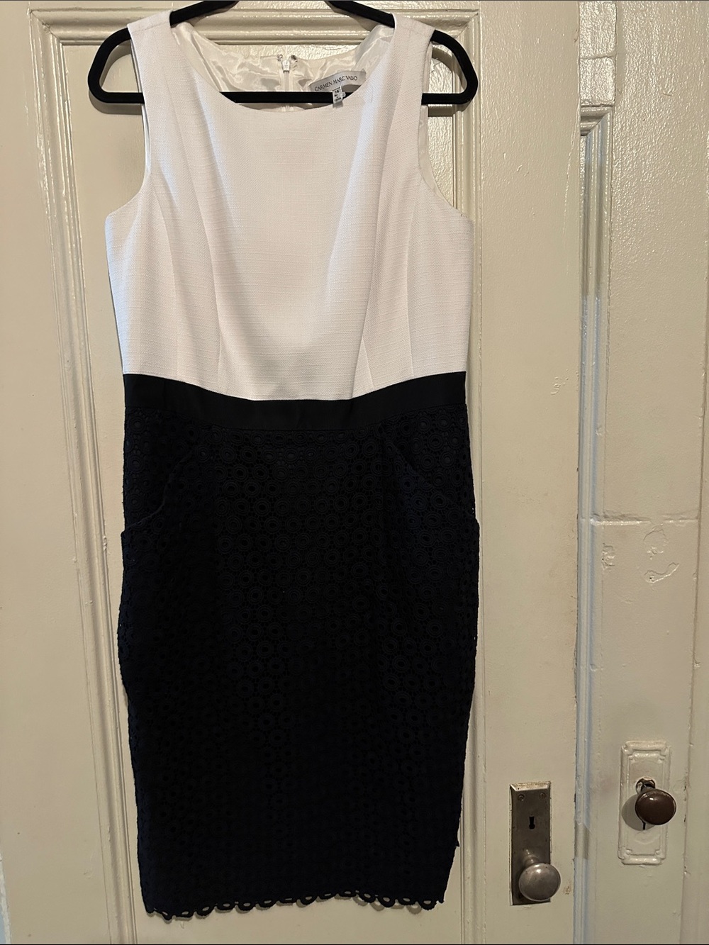 Like New Carmen Marc Valvo White Bodice Black Eyelet Midi Dress. 39”L x 18”W.